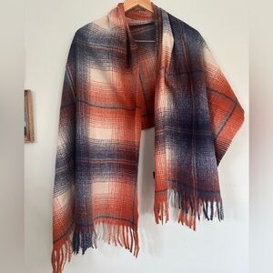 Plaid Fringe Scarf in Orange and Blue
